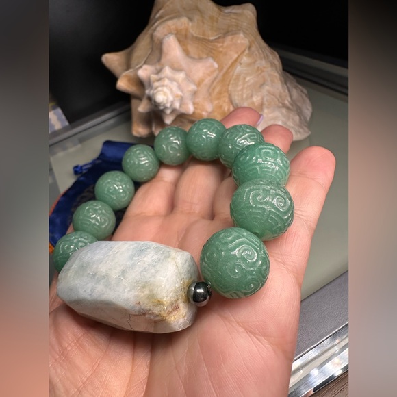 MASSIVE AQUAMARINE + JADE  AVENTURINE  NATURAL STONES BRACELET size 7” - Picture 10 of 16
